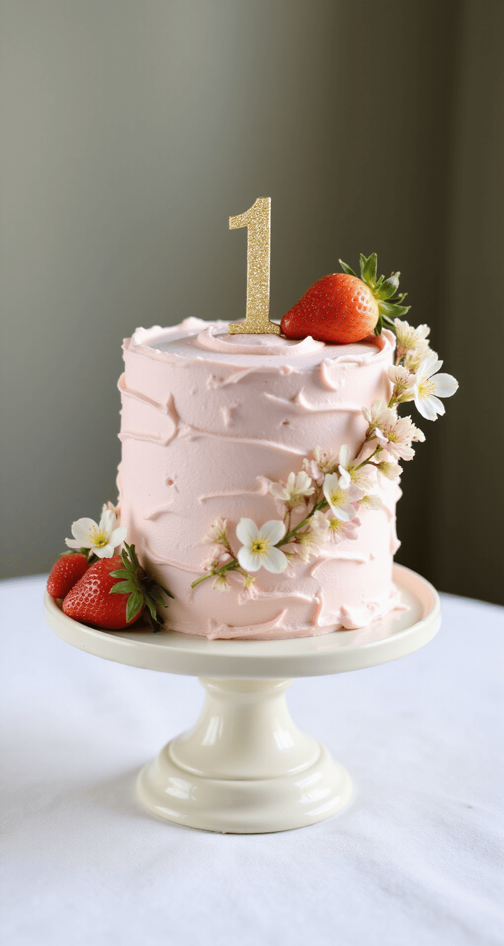 A 6-inch birthday cake on an antique white stand, frosted in soft pink with fresh strawberries and edible flowers, topped with a golden '1' cake topper in soft natural lighting.