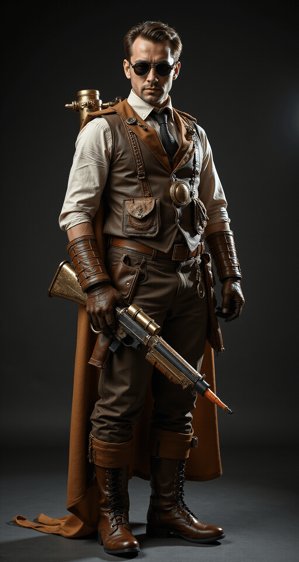 Your Ultimate Hero Costumes: From Basic to Epic A steampunk-inspired superhero costume displayed in a professional studio, featuring dramatic lighting that highlights brass gadgets, leather accessories, and custom-modified Nerf weapons against a dark background. The Victorian-era elements are intricately blended with modern superhero components, showcasing multiple layers of detailed craftsmanship and weathered textures.