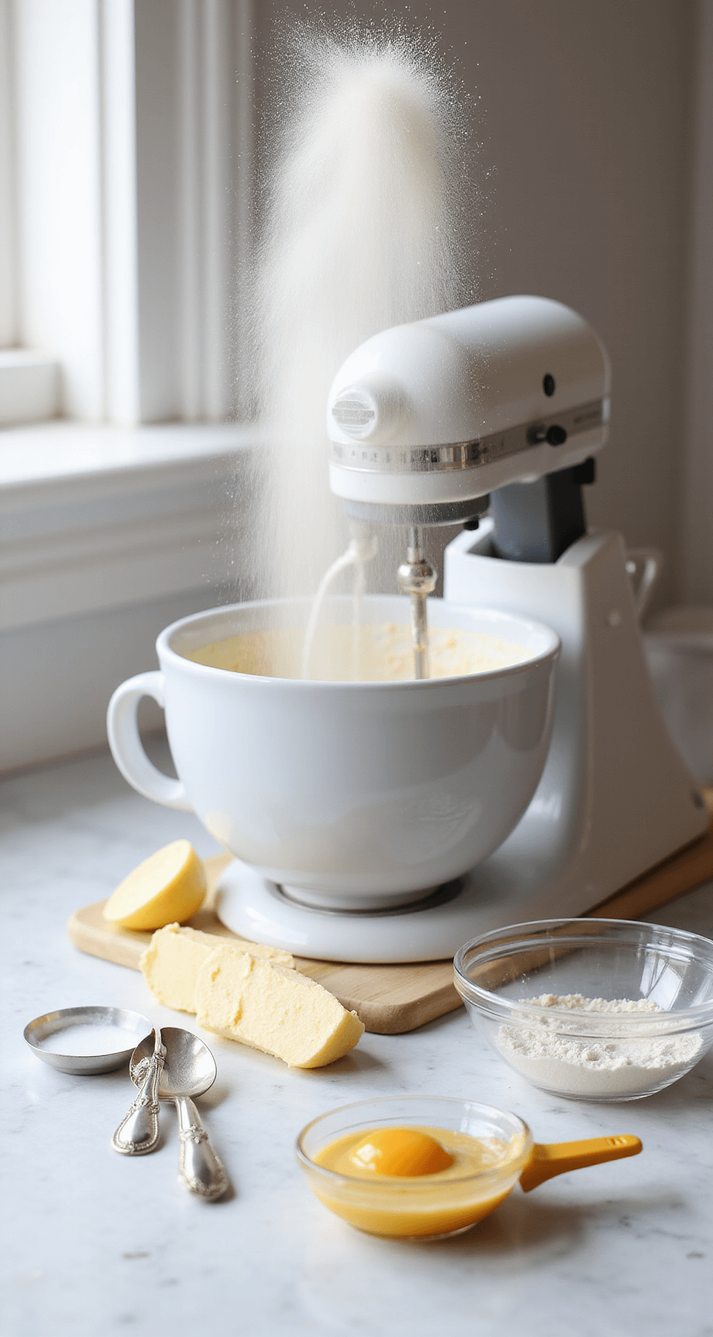 A professional stand mixer on a white marble countertop mixes cake batter, with sifted flour dust above, separated egg whites in a crystal bowl, and room temperature butter arranged nearby, all illuminated by soft natural light.