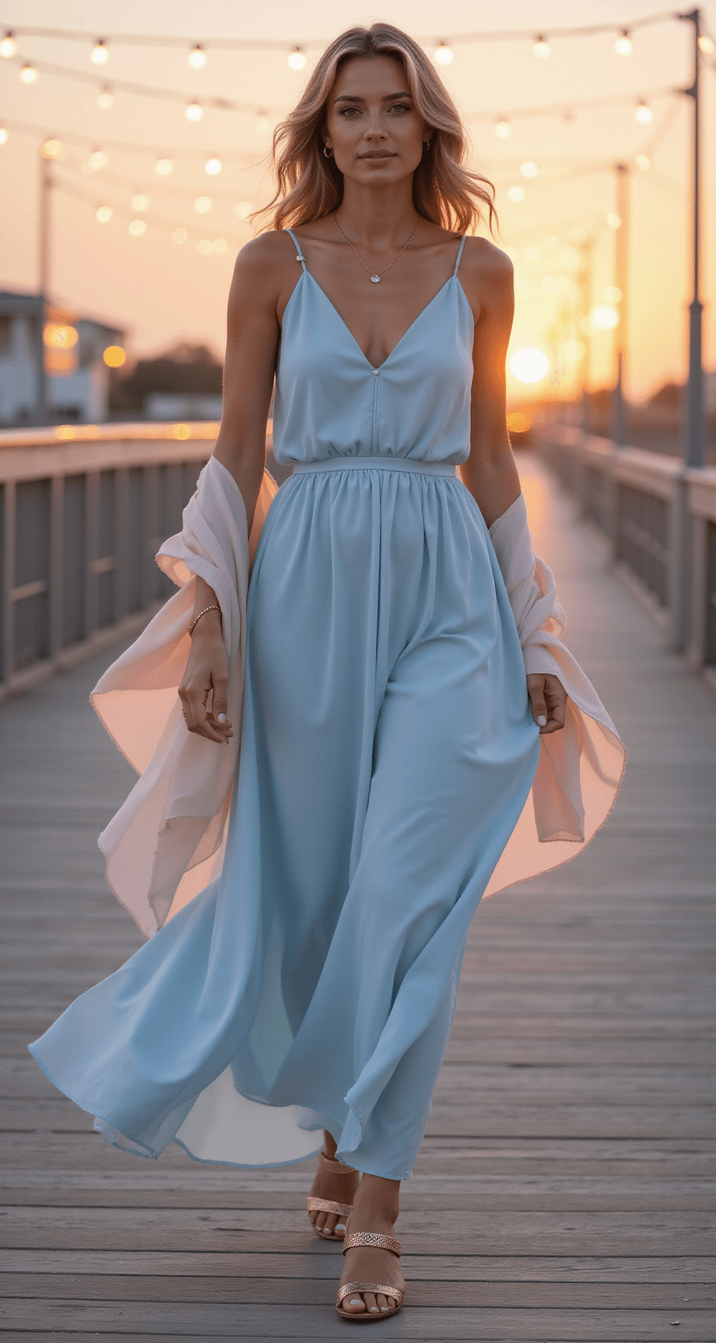 A model in a flowing powder blue chiffon maxi dress with flutter sleeves stands on a beach boardwalk during golden hour, captured from a low angle against a pink-orange sky. The dress billows in the sea breeze, complemented by metallic block-heel sandals, minimal gold jewelry, and a blush-toned silk wrap. Soft bokeh effects from string lights create a dreamy atmosphere.