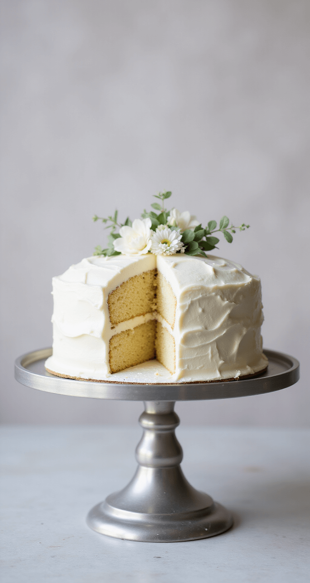A two-layer white birthday cake on a silver stand, adorned with delicate flowers, showcases a pristine frosting and a slice removed to reveal its moist interior.