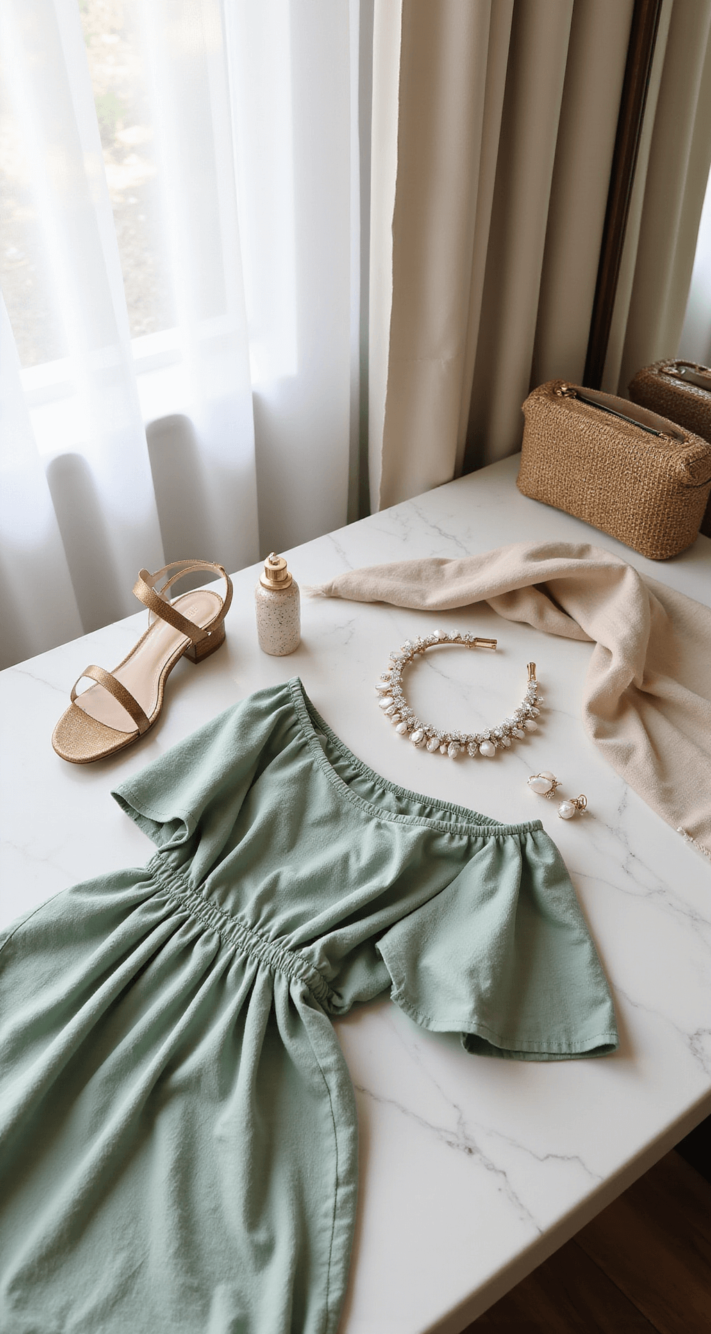 Intimate overhead shot of a beachfront villa's vanity, featuring a sage green linen off-shoulder dress, mother-of-pearl earrings, a crystal-embellished headband, metallic block heel sandals, a light silk scarf, and a woven clutch, all illuminated by morning light streaming through white curtains.