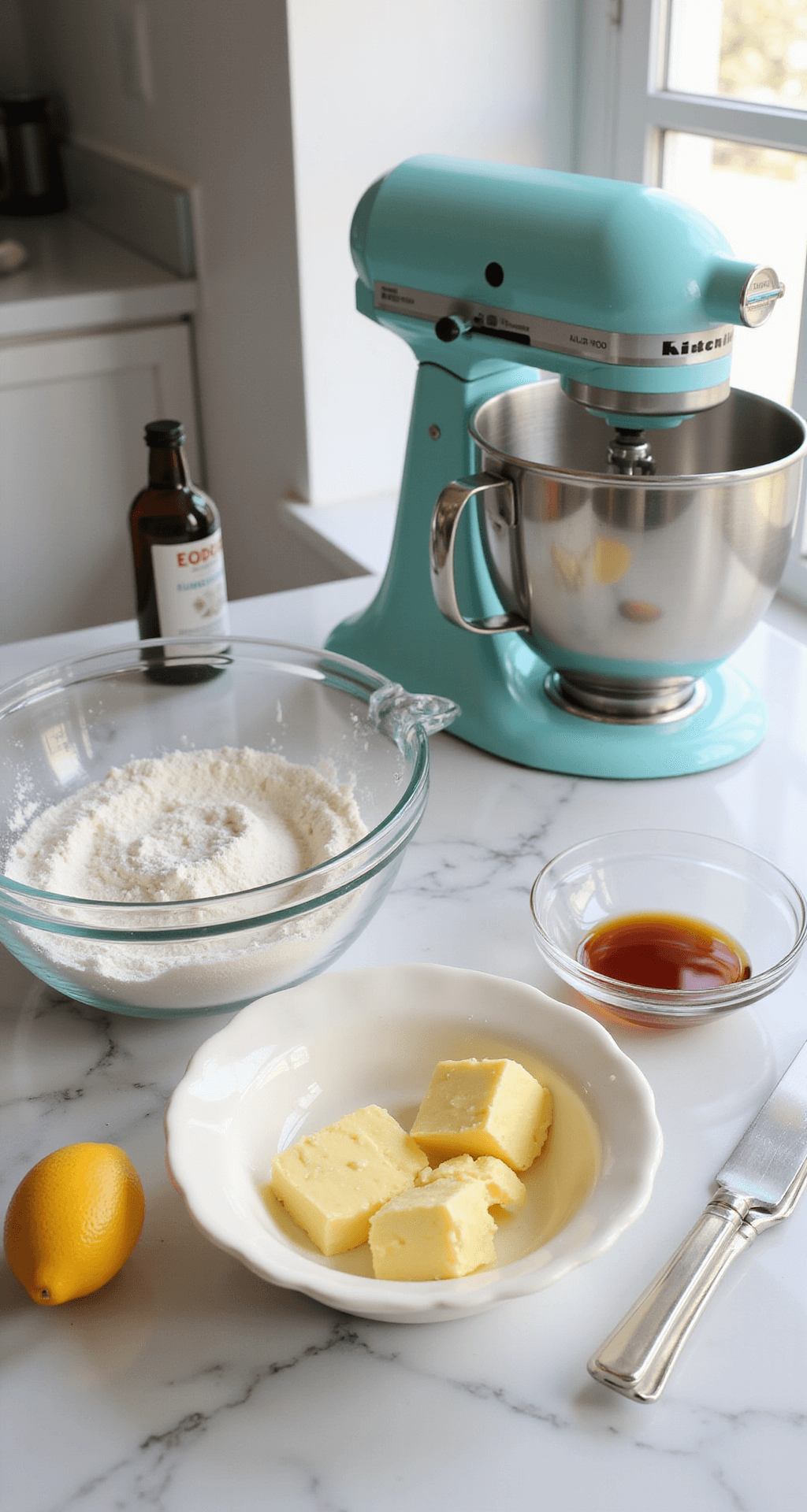 Close-up of a marble countertop featuring vintage mixing bowls with creamy butter and sugar being mixed, illuminated by natural light, with a pastel blue KitchenAid mixer, fresh eggs, vanilla extract, and measured ingredients in glass bowls.