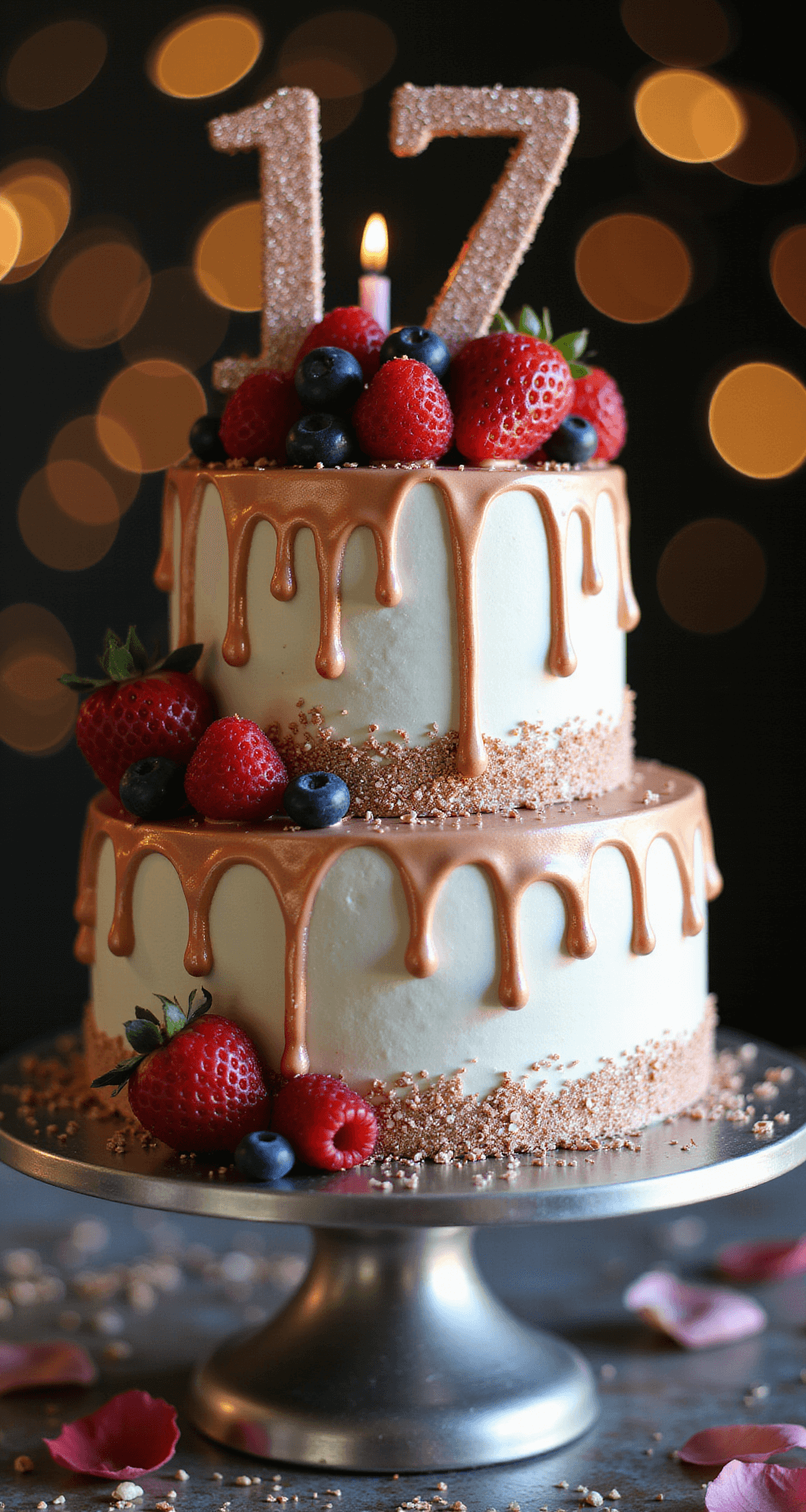 Dramatic overhead shot of a two-tier birthday cake with pearl-white buttercream, rose gold drips, a '17' topper, fresh berries, and metallic sprinkles on a silver stand, surrounded by soft bokeh lighting, rose petals, and birthday candles.