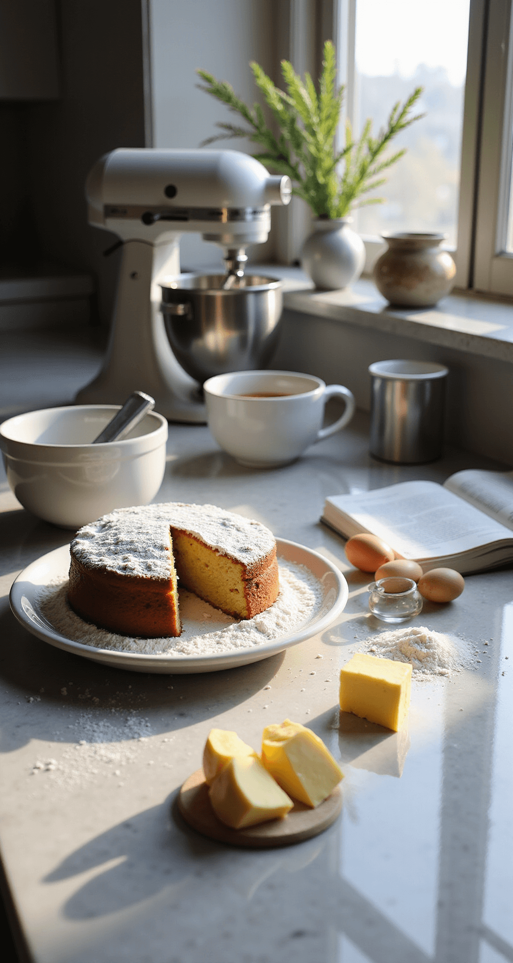 A beautifully organized baking setup on a marble countertop featuring measured ingredients including flour, eggs, butter, and sugar, with soft natural light illuminating the scene and a recipe book open nearby.