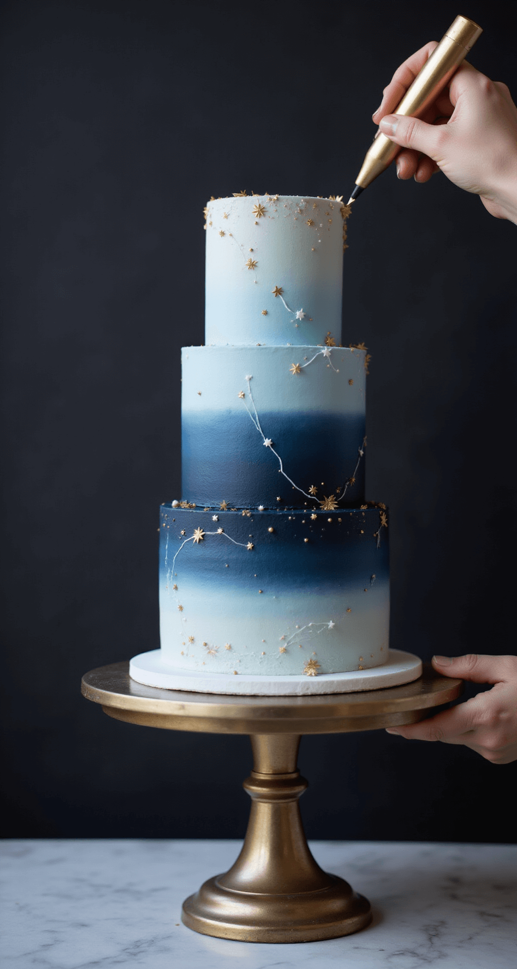 A three-tiered birthday cake with an ombre buttercream finish from navy to pale blue, adorned with gold stars and white piped constellations, on an elegant stand against a dark background, with a pastry chef adding final touches.