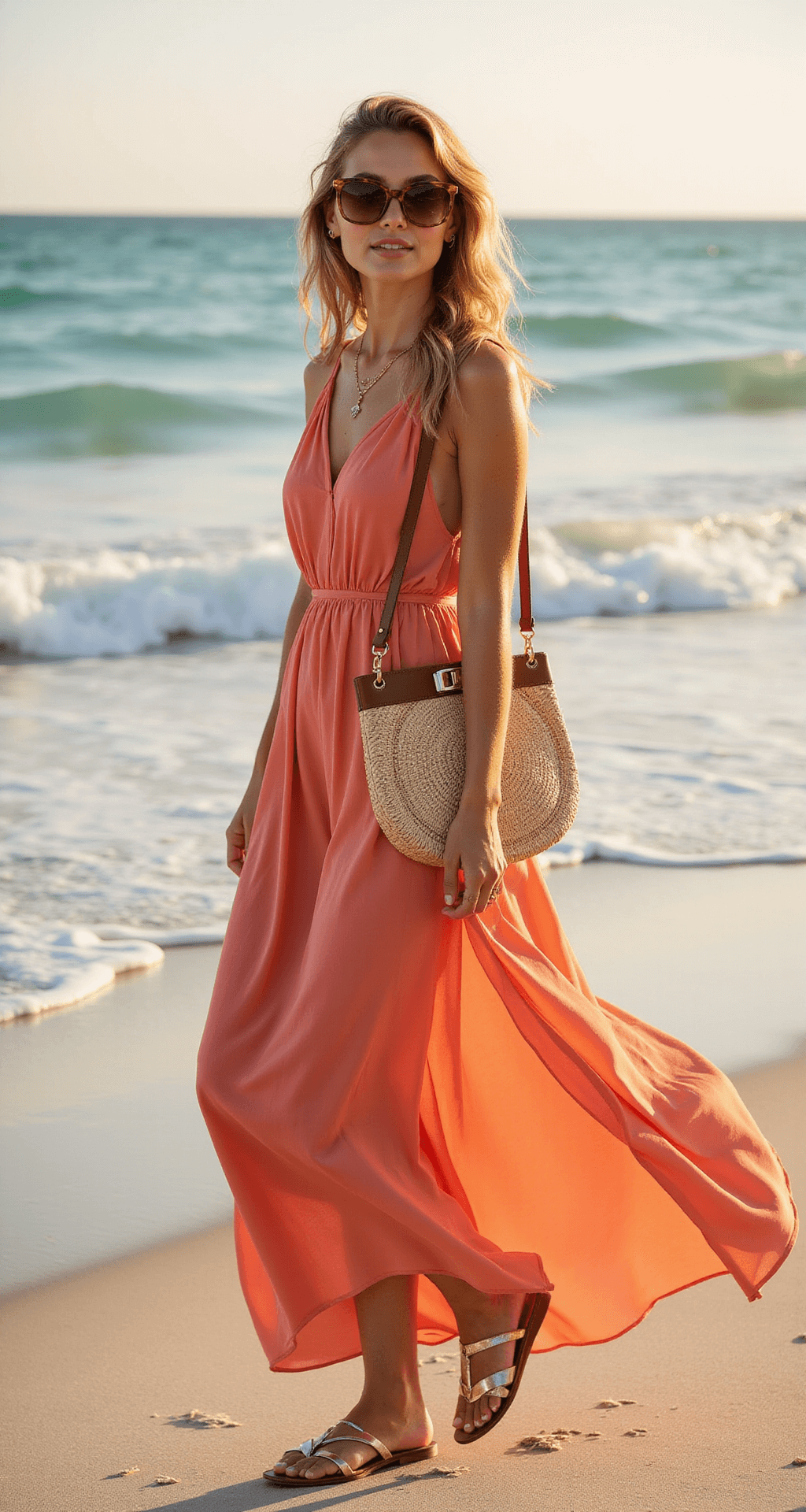 A model in a coral chiffon maxi dress with pleating and a side slit stands on a sunlit beach, with turquoise waters and white sand in the background. She wears metallic flat sandals, carries a straw clutch, and accessorizes with minimal gold jewelry and oversized tortoiseshell sunglasses, captured from a low angle during golden hour.