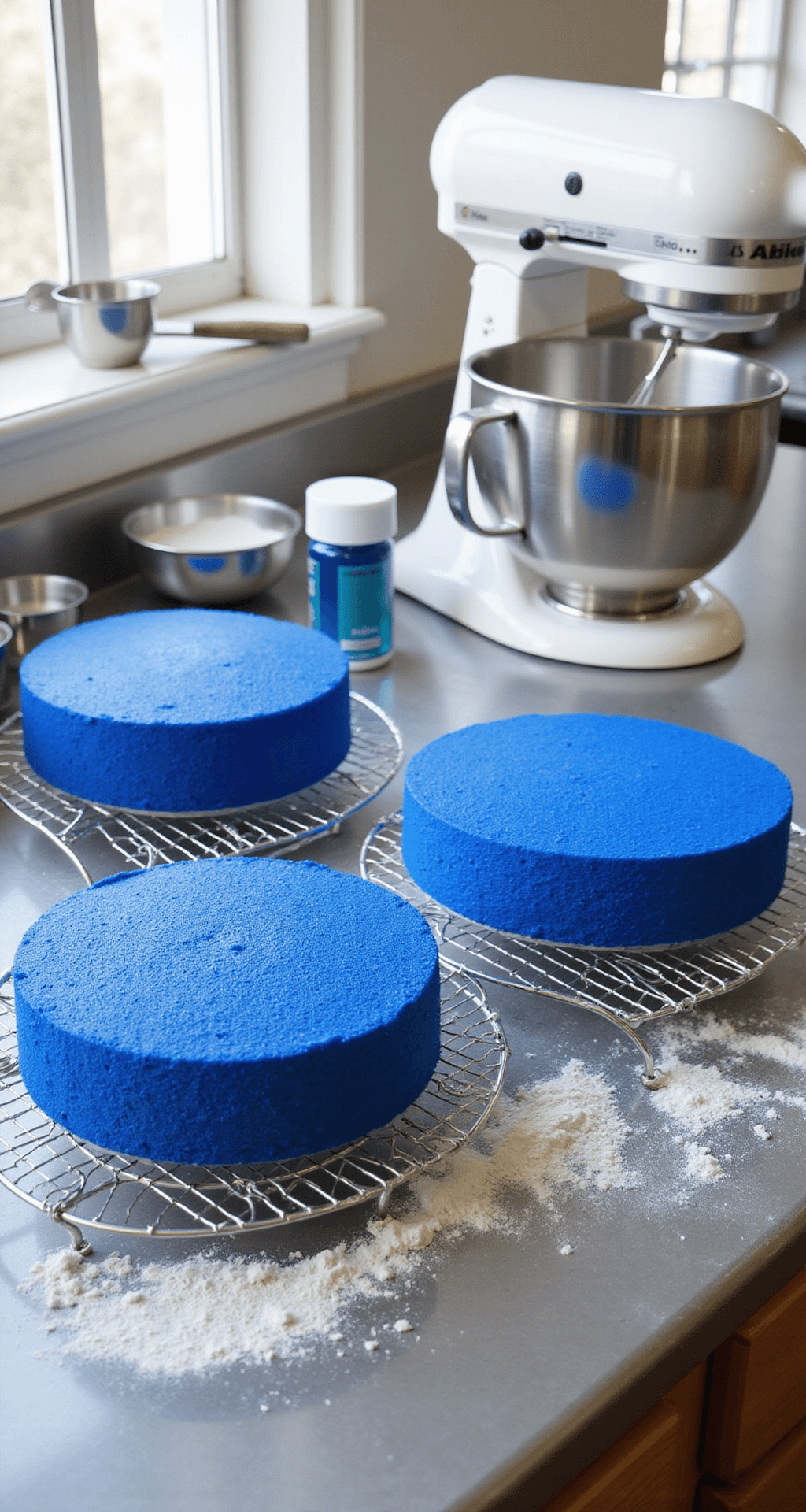 A bright professional kitchen with stainless steel countertops, showcasing three royal blue cake layers on cooling racks, a stand mixer dusted with flour, and measuring cups alongside gel food coloring bottles.
