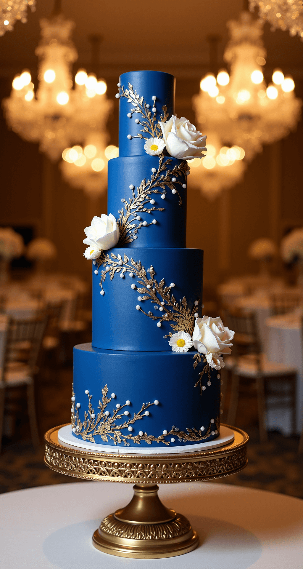 An elegant ballroom at golden hour featuring a 4-tier royal blue wedding cake on a gold stand, decorated with white flowers, gold leaf accents, and pearl details, illuminated by crystal chandeliers.