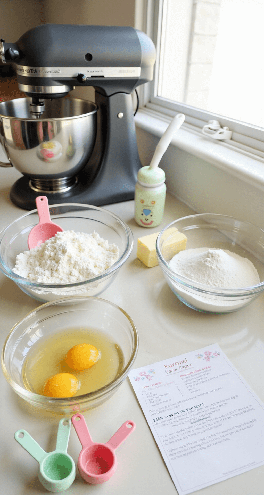 Close-up of a pristine kitchen countertop featuring elegant glass bowls of flour, eggs, butter, and sugar, with a professional stand mixer and measuring tools. Soft natural light enhances a Kuromi-themed recipe card and pastel measuring cups, adding a cute touch.