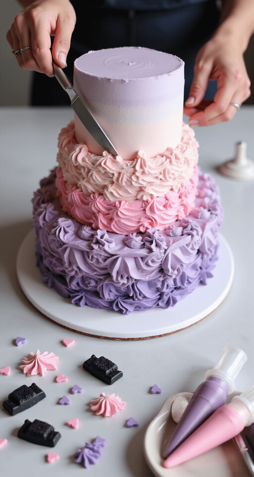 A professional baker decorates a three-tiered cake with ombre lavender-to-pink buttercream, using a silver offset spatula. Kuromi-themed fondant elements and heart sprinkles are arranged nearby, with colorful frosting piping bags in a stand.