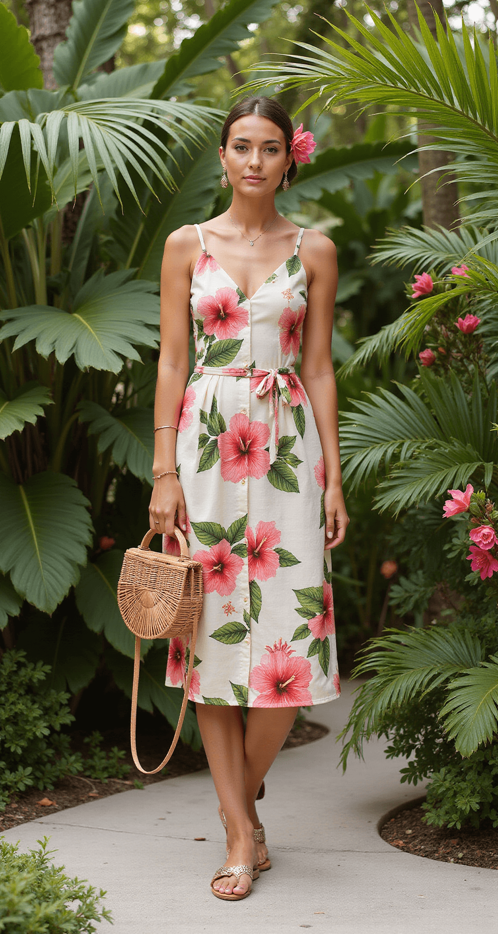 A model in a knee-length hibiscus print dress stands in a tropical garden filled with lush greenery and exotic flowers, wearing rose gold flat sandals and minimal jewelry, complemented by a structured bamboo handbag. Her hair is in a sleek low bun adorned with a tropical flower, with dappled sunlight filtering through palm fronds.