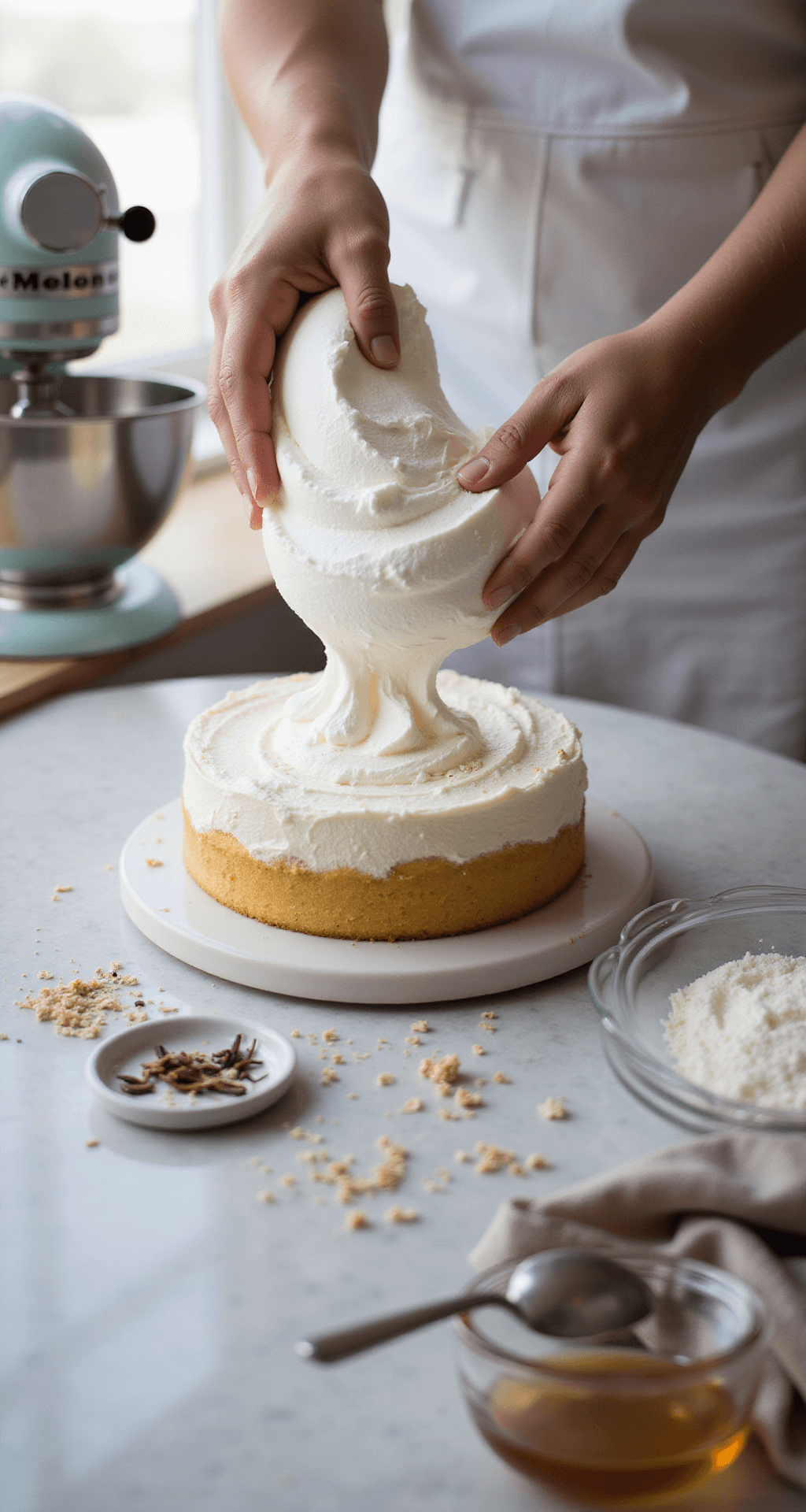 Close-up of hands folding stiff-peaked egg whites into cake batter, with marbled meringue patterns; soft lighting highlights vanilla specks and coconut flakes on a marble countertop, featuring a stand mixer and glass bowls in the background.