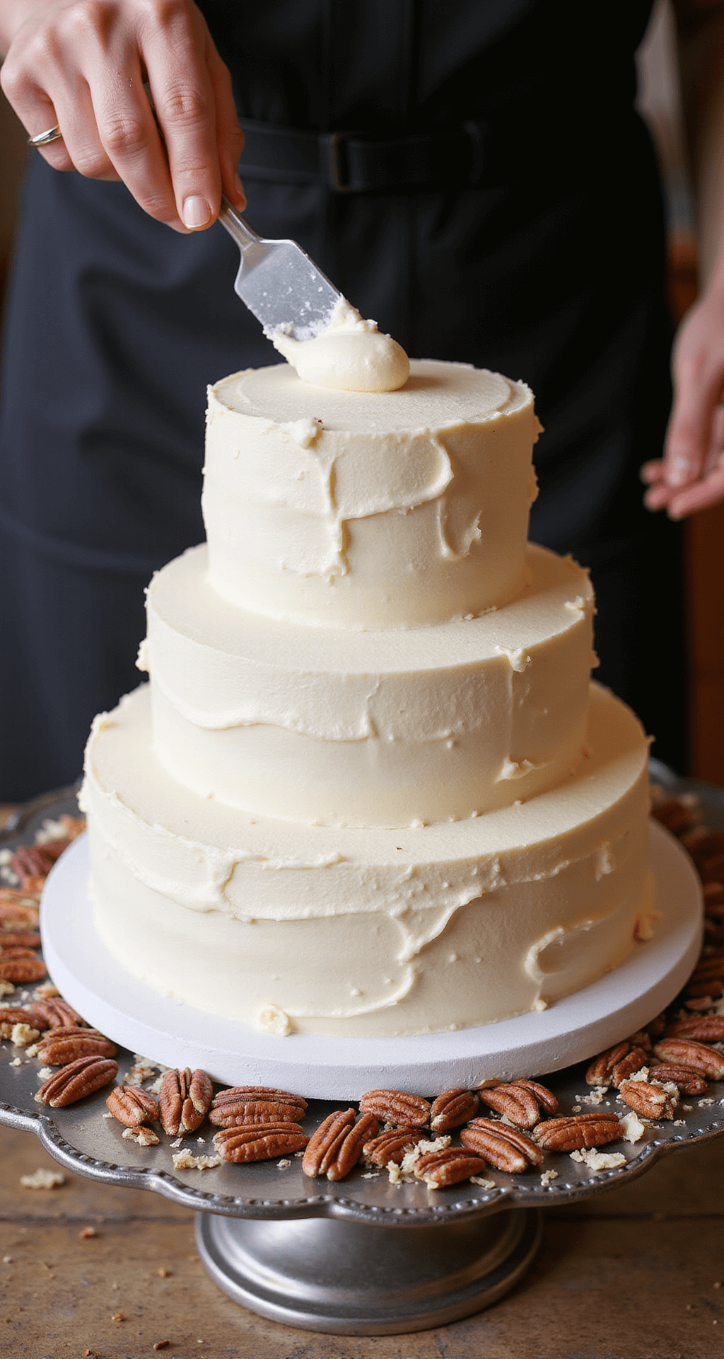 Professional overhead view of a three-tiered Italian Wedding Cake being frosted with cream cheese icing, set on a silver stand, surrounded by pecans and toasted coconut, with warm lighting highlighting its texture.