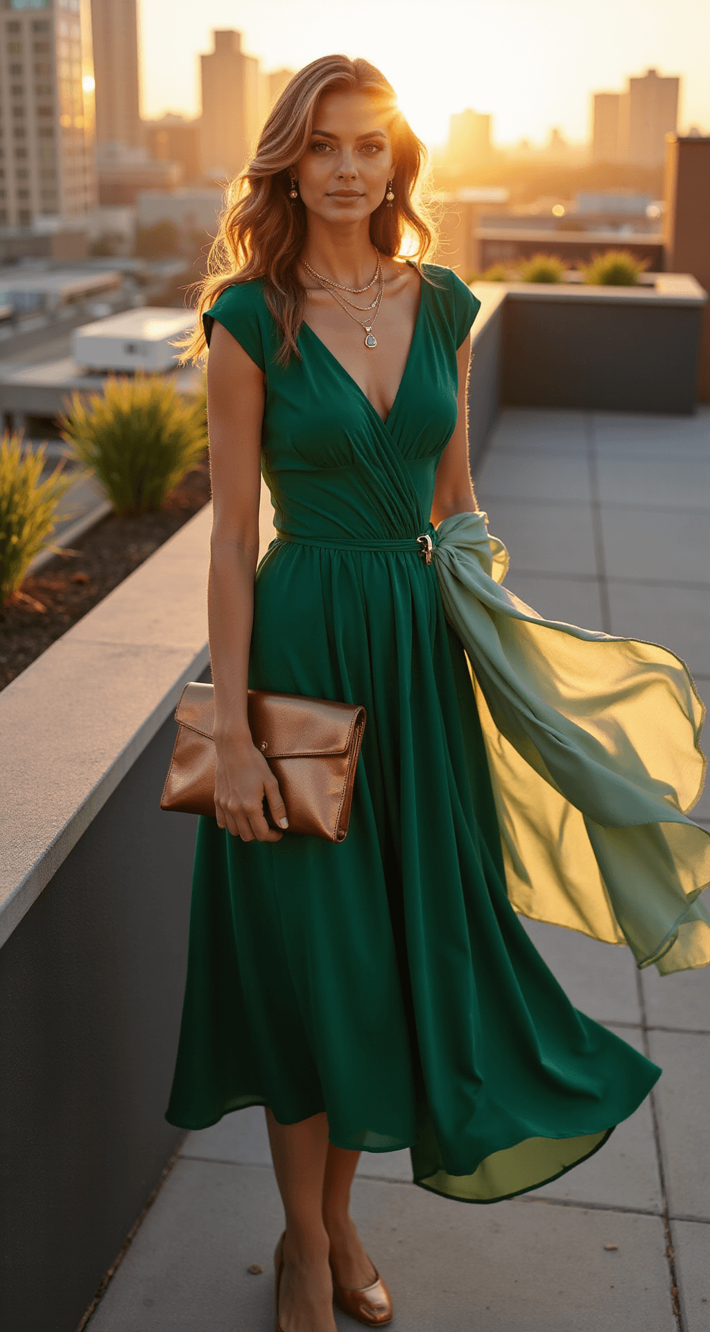 An elegant woman in an emerald midi dress with cap sleeves stands on a sun-drenched rooftop terrace during golden hour, holding a bronze metallic clutch and wearing minimal gold jewelry, with a sage-colored silk shawl draped over her shoulders, all captured in an editorial style with a shallow depth of field.