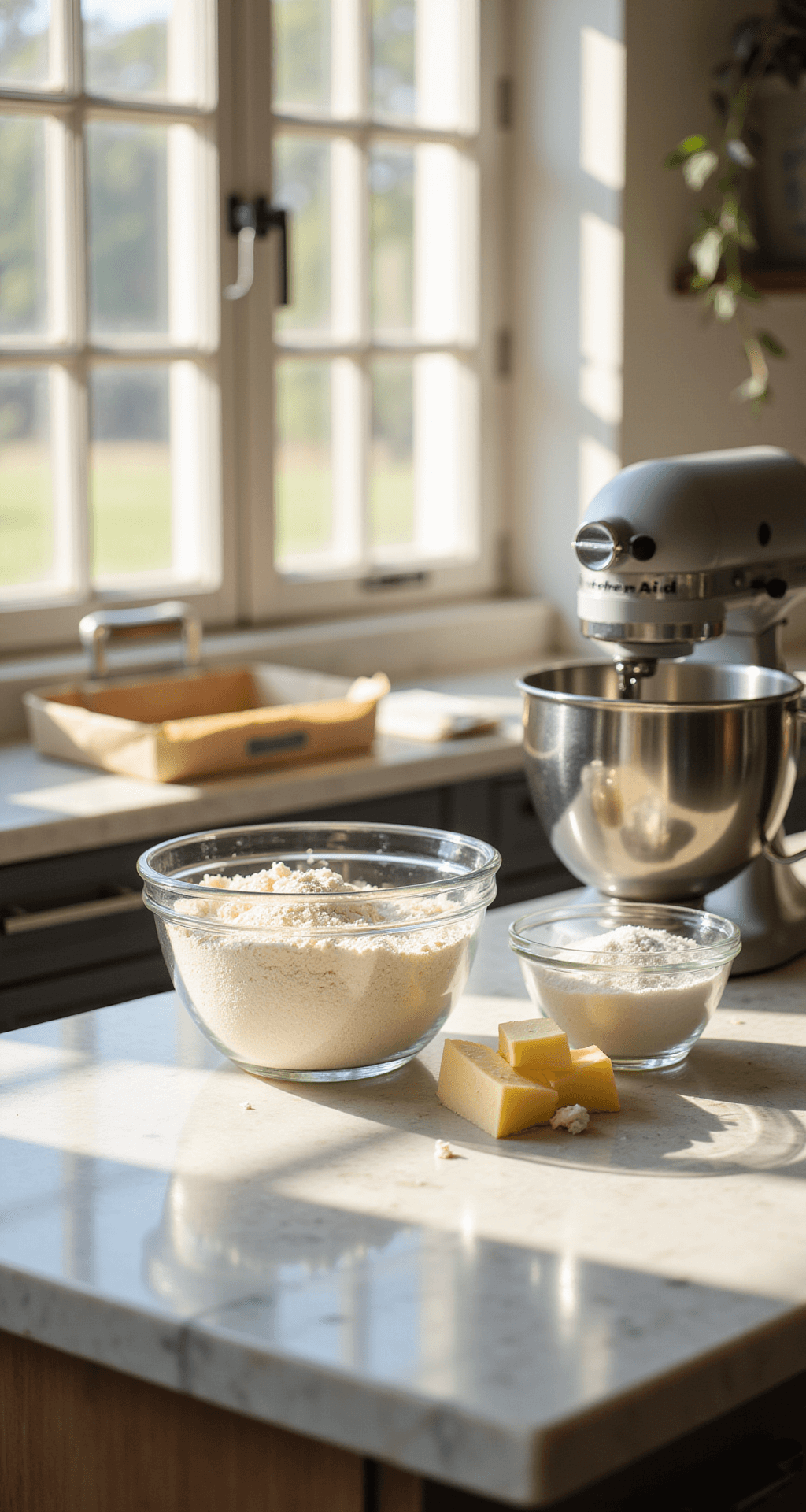 A warm-lit professional kitchen featuring a marble countertop with glass bowls of ingredients for a wedding cake, including flour, eggs, butter, and sugar, alongside a KitchenAid mixer and parchment-lined cake pans.