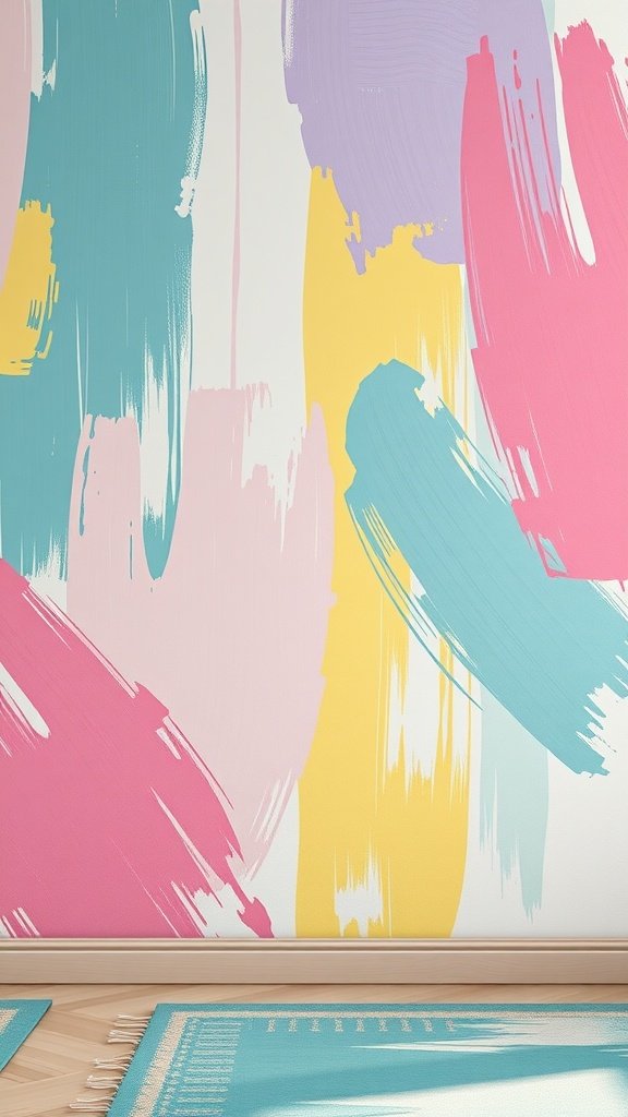 Abstract brush strokes in pastel and bold colors on a wall
