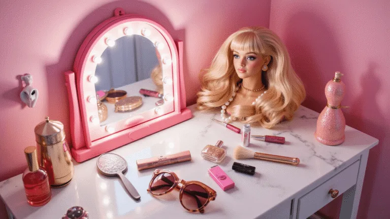 A pink vanity setup featuring a softly lit mirror, beauty products, Barbie costume elements, a blonde wig, cat-eye sunglasses, and pearl accessories, set against a white marble countertop with rose gold and pastel pink tones, vintage perfume bottles, and a silver hairbrush, all enhanced by a magical bokeh effect.