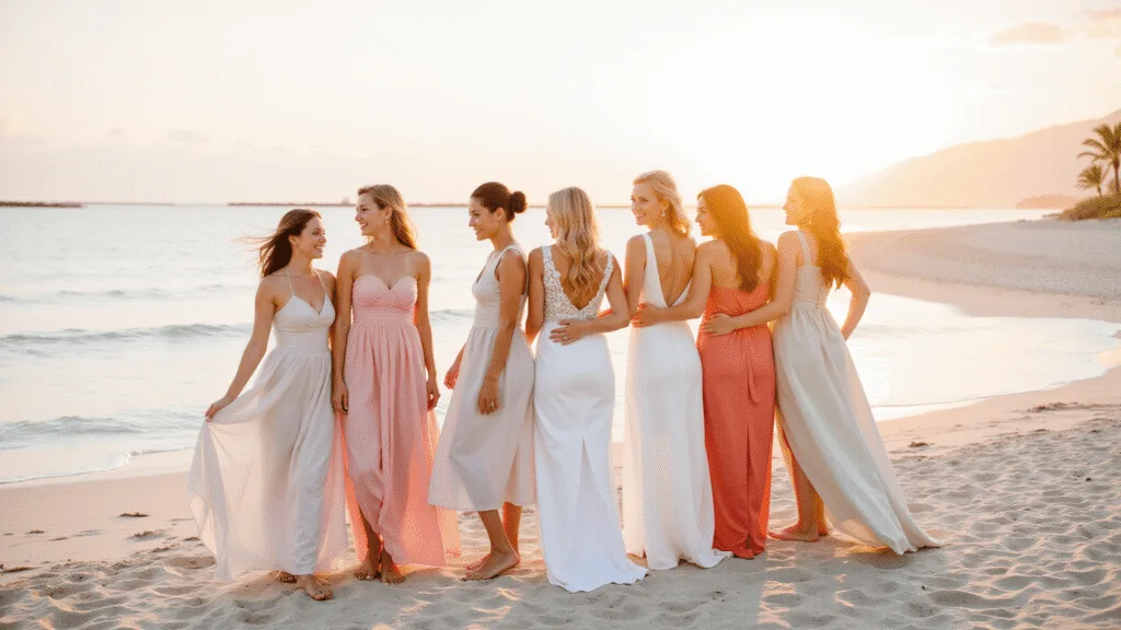 A picturesque beach wedding scene at sunset, featuring elegant guests in flowing pastel dresses, standing on soft sand by the ocean, embodying a romantic and ethereal atmosphere.