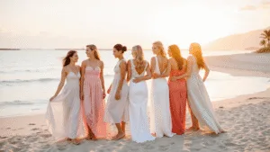 A picturesque beach wedding scene at sunset, featuring elegant guests in flowing pastel dresses, standing on soft sand by the ocean, embodying a romantic and ethereal atmosphere.