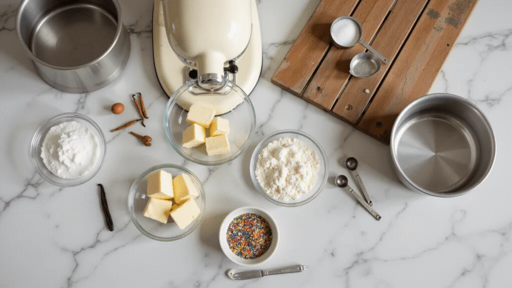 Cinematic overhead shot of a rustic marble countertop with baking ingredients, including softened butter, farm-fresh eggs, sugar, and flour, complemented by a cream-colored stand mixer and vintage measuring spoons, all softly illuminated by natural light.