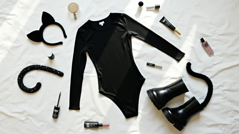 Flatlay of a black bodysuit with Halloween cat costume accessories, including velvet cat ears, sequined tail, and patent leather boots, surrounded by makeup essentials, all captured in natural sunlight on a white duvet.