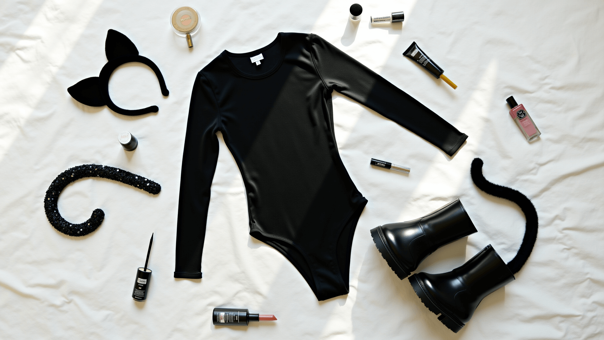 Flatlay of a black bodysuit with Halloween cat costume accessories, including velvet cat ears, sequined tail, and patent leather boots, surrounded by makeup essentials, all captured in natural sunlight on a white duvet.