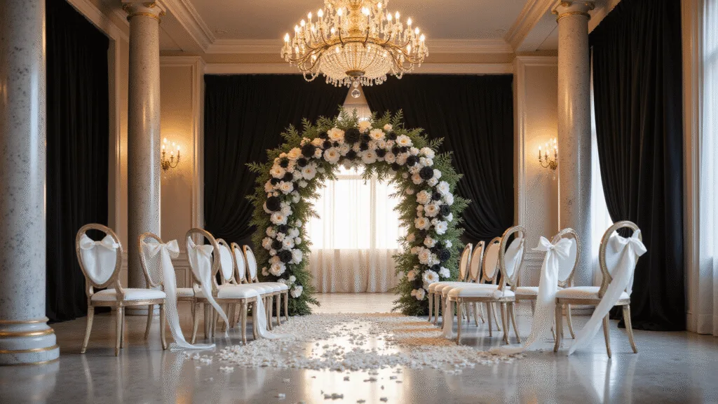 Luxurious grand ballroom wedding ceremony setup with a black and white floral arch, elegant ghost chairs with silk ribbons, marble columns, and scattered white rose petals along the aisle under warm chandelier lighting.