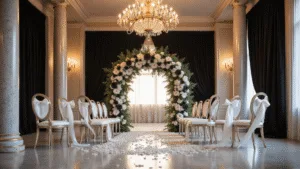 Luxurious grand ballroom wedding ceremony setup with a black and white floral arch, elegant ghost chairs with silk ribbons, marble columns, and scattered white rose petals along the aisle under warm chandelier lighting.