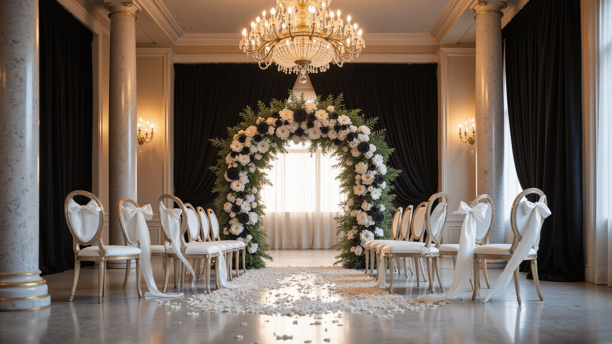 Luxurious grand ballroom wedding ceremony setup with a black and white floral arch, elegant ghost chairs with silk ribbons, marble columns, and scattered white rose petals along the aisle under warm chandelier lighting.