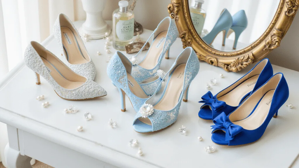 Elegant display of blue wedding shoes on a marble surface with natural light, featuring various styles and crystal accents, set against vintage perfume bottles and mirrors.