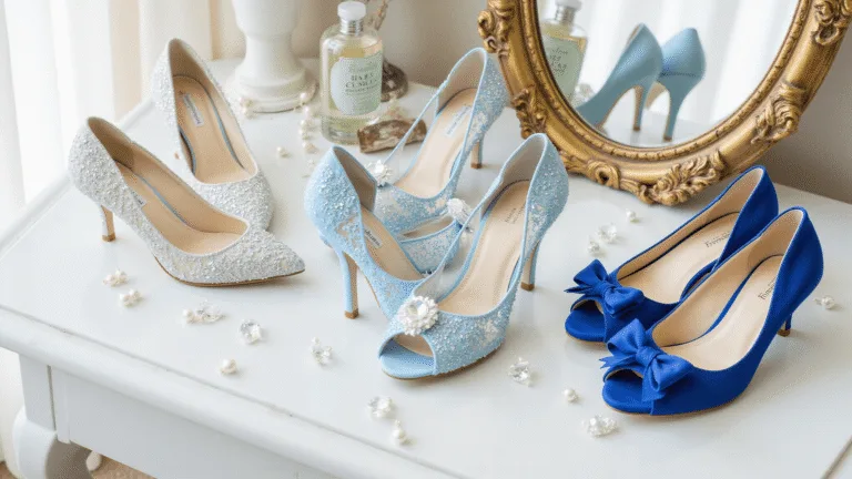 Elegant display of blue wedding shoes on a marble surface with natural light, featuring various styles and crystal accents, set against vintage perfume bottles and mirrors.
