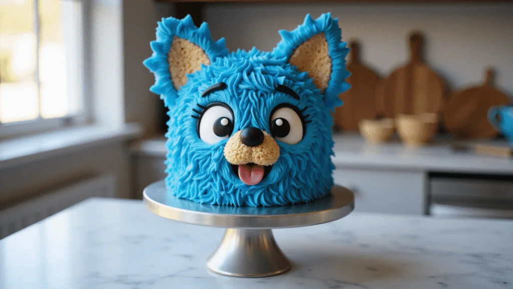 Ultra-detailed 3D Bluey character birthday cake on a silver stand, featuring smooth blue buttercream fur and sculpted Rice Krispie ears, with a marble counter background and blurred baking tools.