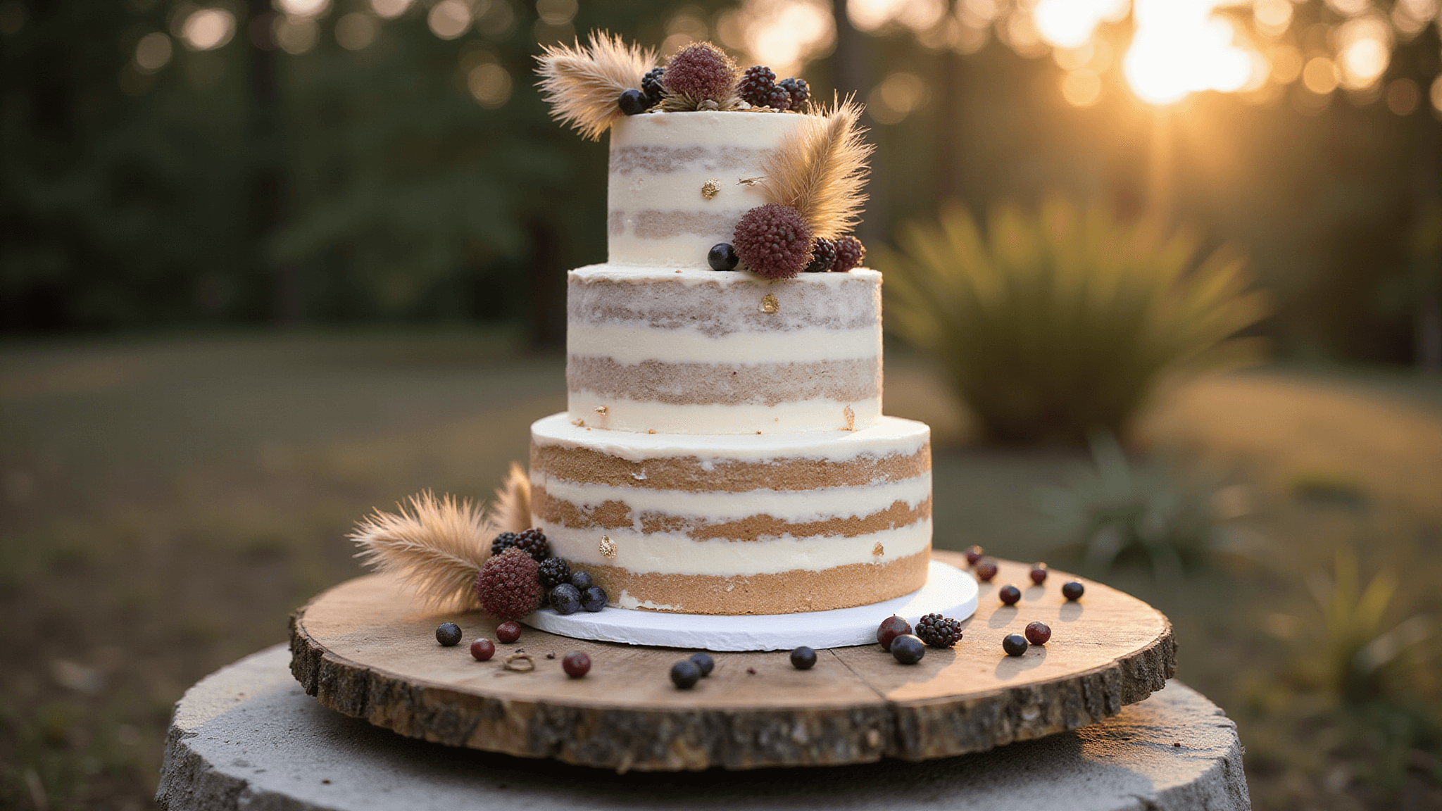Photorealistic three-tiered wedding cake with semi-naked cream cheese frosting in ivory and blush, adorned with dried pampas grass, gold leaf, and fresh berries, displayed on a weathered wooden stand in a garden setting during golden hour.