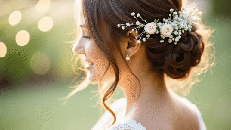 Close-up portrait of a bride in golden hour sunlight, featuring a loose updo adorned with fresh spray roses, freesia, and baby's breath, with soft tendrils framing her face against a dreamy bokeh background of string lights and greenery.