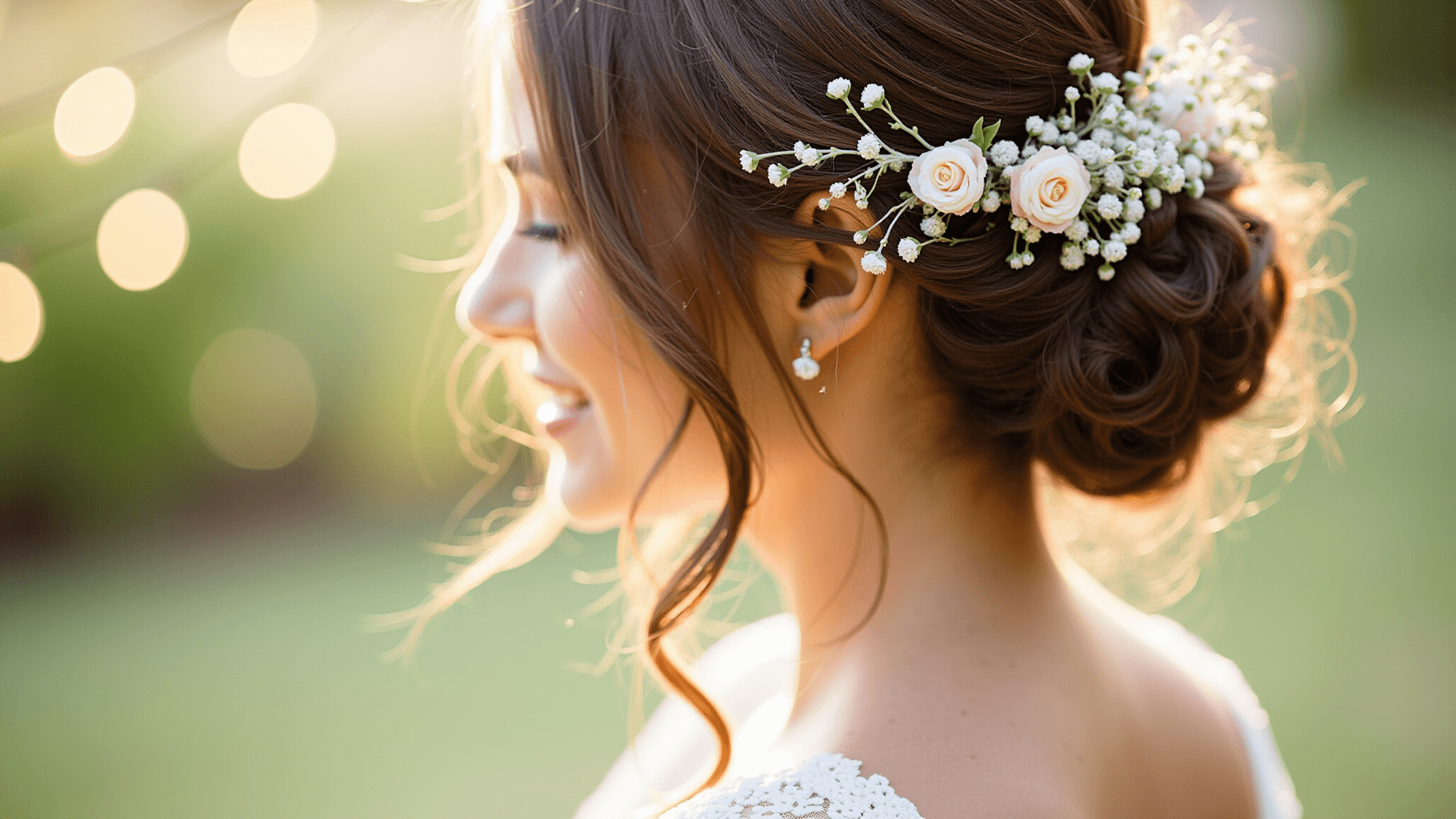 Close-up portrait of a bride in golden hour sunlight, featuring a loose updo adorned with fresh spray roses, freesia, and baby's breath, with soft tendrils framing her face against a dreamy bokeh background of string lights and greenery.
