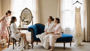 A bride in an ivory silk robe sits at a vintage vanity in a sunlit bridal suite, surrounded by her bridesmaids in blush silk robes. An ornate ivory lace wedding gown hangs nearby, with champagne flutes and garden roses adding elegance to the scene, captured in soft focus for a dreamy atmosphere.