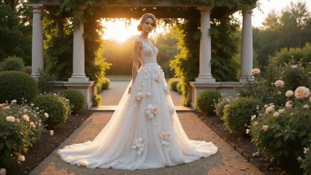 A bride in a floral A-line wedding gown stands in a lush European garden at golden hour, with sunlight filtering through a rose-covered pergola, surrounded by classical stone architecture and blooming roses.