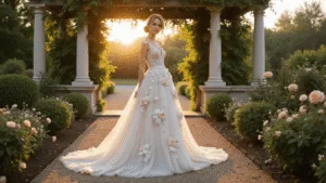 A bride in a floral A-line wedding gown stands in a lush European garden at golden hour, with sunlight filtering through a rose-covered pergola, surrounded by classical stone architecture and blooming roses.