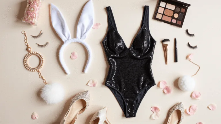Flatlay of luxurious bunny costume essentials on cream velvet, featuring pearl-studded bunny ears, a black sequined bodysuit, fluffy tail, crystal-embellished stilettos, makeup brushes, false lashes, and bobby pins, with rose gold accessories and rose petals.