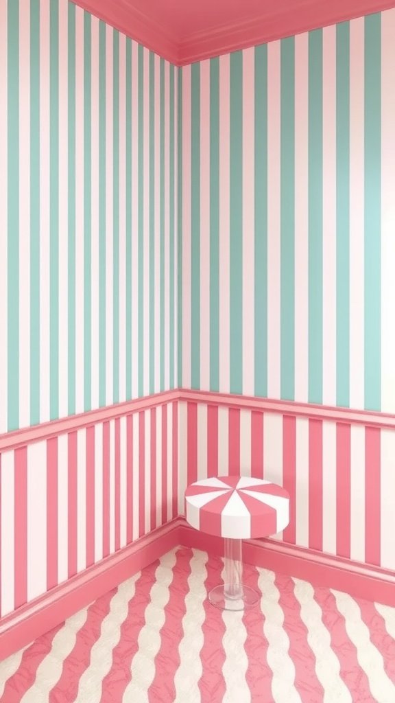 A room with candy-striped wallpaper in pink and mint green, featuring a matching striped stool.
