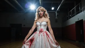 A young woman in a vintage white prom dress with blood splatter, adorned with rhinestones, stands in a dimly lit gymnasium. Her hair is styled in 70s waves, and she wears pale makeup with a blood-stained pink rose corsage, illuminated by dramatic overhead lighting.