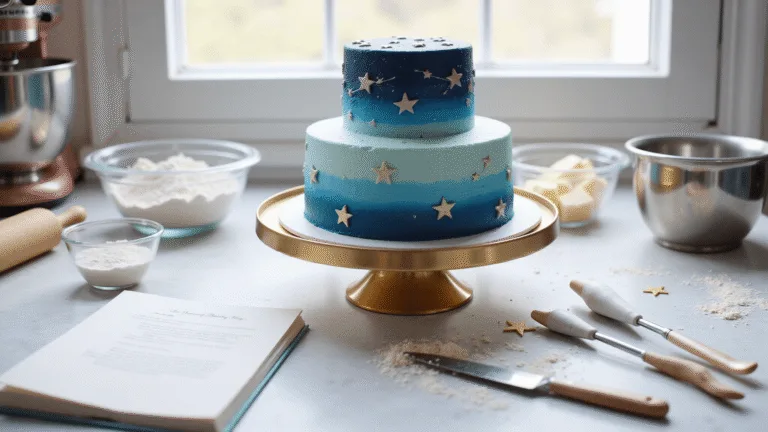 A close-up of a professional baking workspace featuring a stunning three-tiered celestial birthday cake on a gold stand, with ombre blue buttercream and white constellation details. The organized setup includes clear bowls of ingredients, professional tools, and a marble countertop with flour dust and golden star sprinkles, all illuminated by soft natural light.