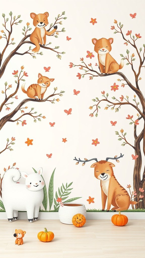 Charming animal illustrations on coquette wallpaper featuring foxes, bears, and a deer among flowers and butterflies.