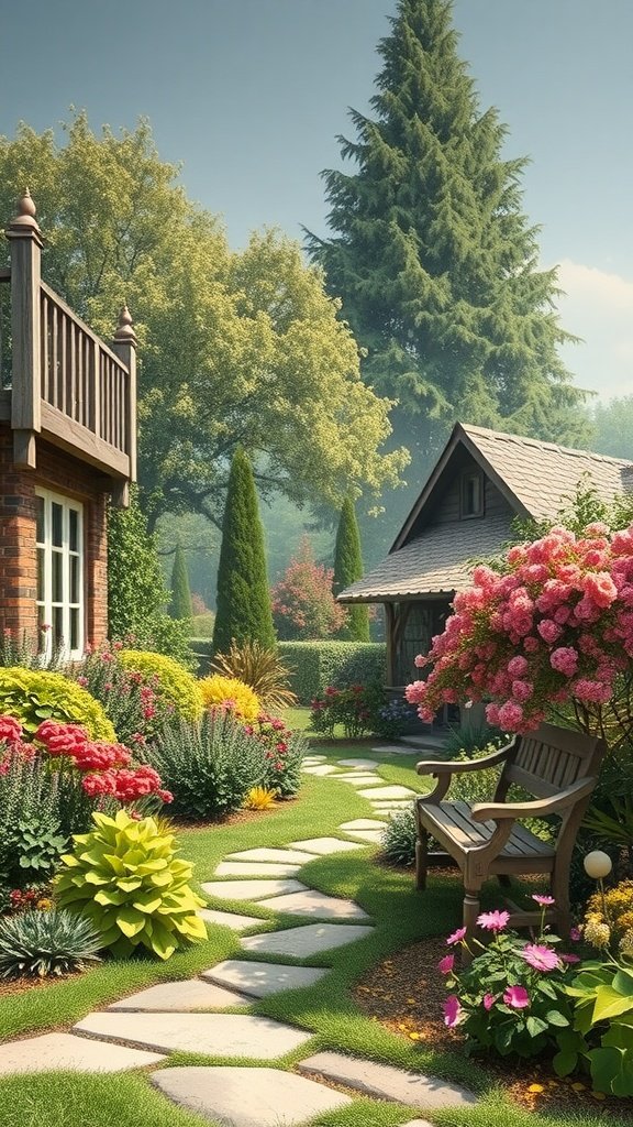 A picturesque garden with colorful flowers, lush greenery, and a stone path leading to a wooden bench