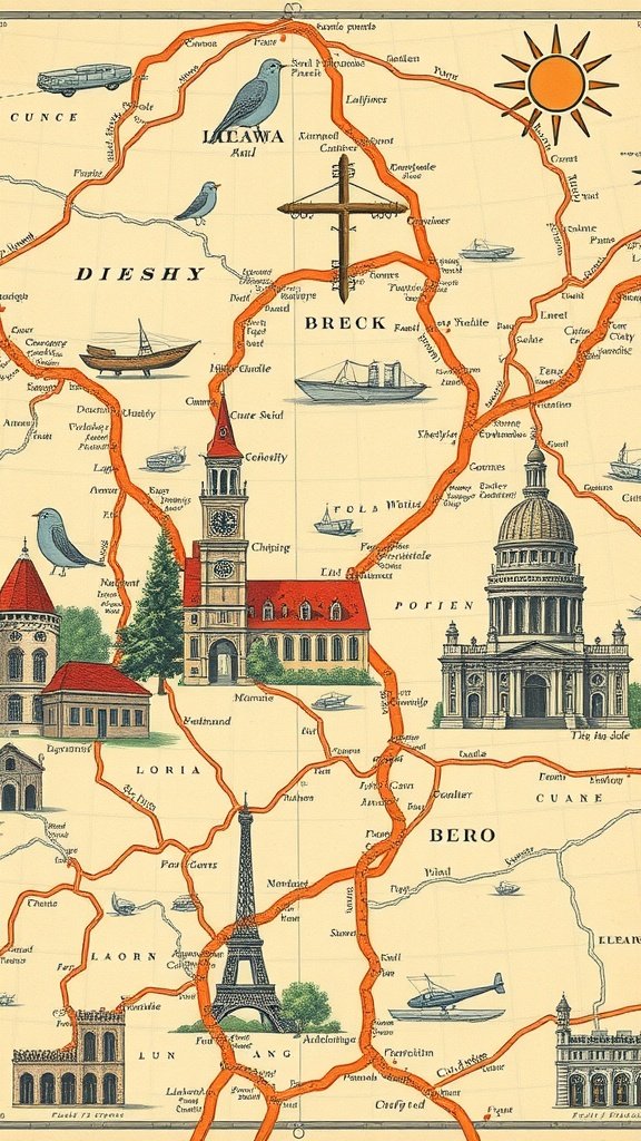 A vintage map design with landmarks, boats, and birds, in warm colors.