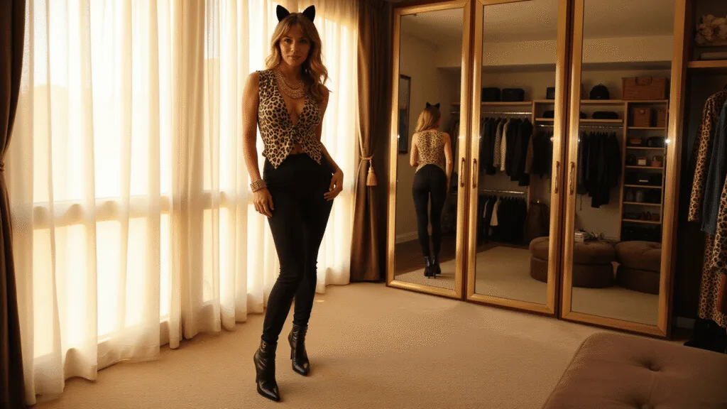 A fashion influencer in a black cheetah print catsuit poses in a sunlit walk-in closet, showcasing chunky gold jewelry and black stiletto boots, with a cat ear headband adding a playful touch.