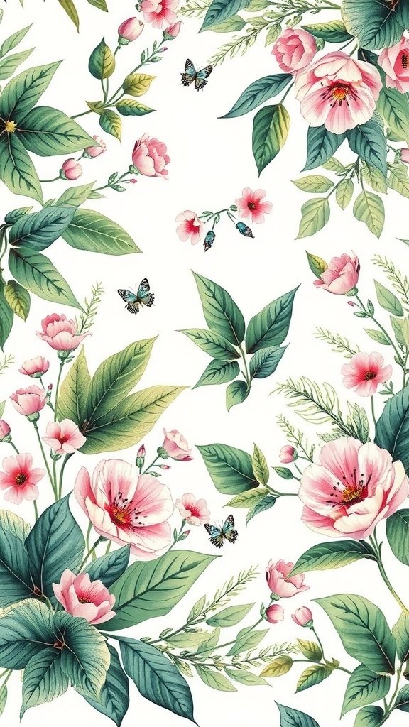 Floral and botanical coquette wallpaper design with pink flowers and green leaves