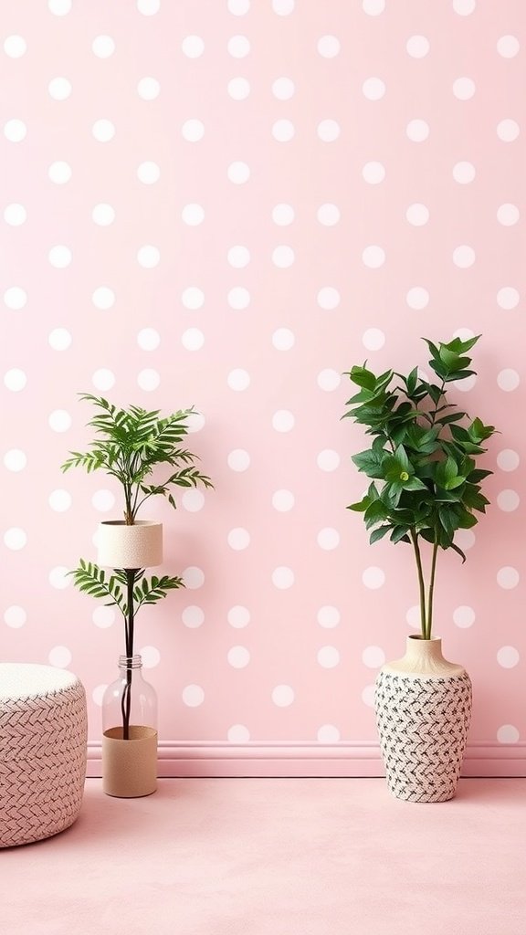 A room with pink coquette wallpaper featuring white polka dots, decorated with plants and a woven pouf.