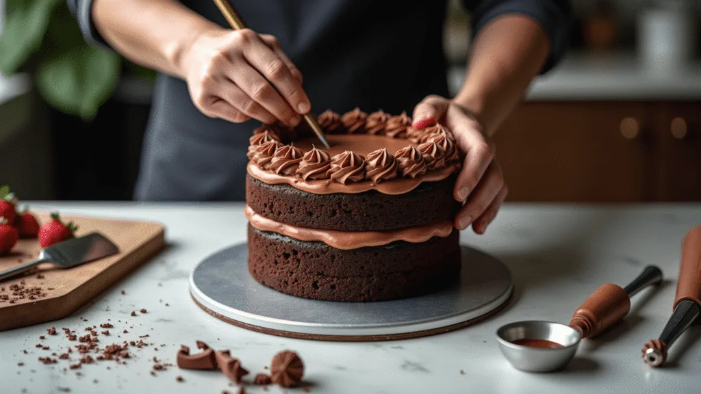 Photorealistic image of a professional cake decorating scene featuring a three-layer chocolate cake with rich chocolate buttercream, surrounded by decorating tools, fresh berries, and chocolate shavings, all set on a marble countertop with soft natural lighting.